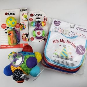 3 Sassy Toys and 6 Parent's Choice Bibs
